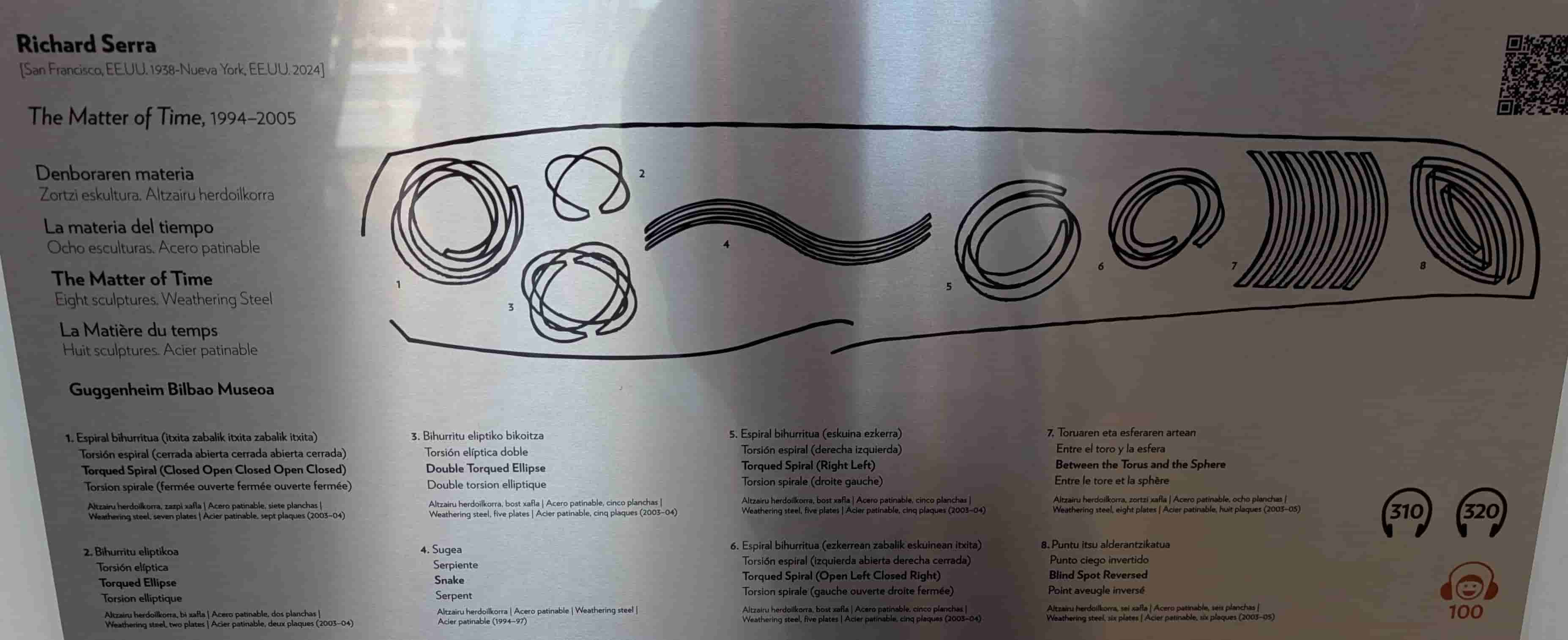 Plaque describing Serra's "The Matter of Time", including a layout of each sculpture.